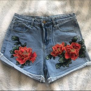 Light Blue Denim Shorts with Rose Patches